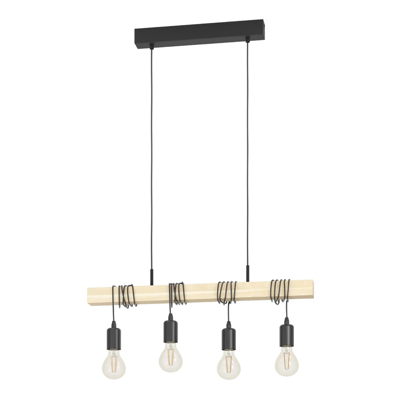 Eglo Townshend 4-Flame Vintage Wooden Pendant Light, Rustic Retro/Industrial Design Ceiling Light, E27 Socket, Black/Brown