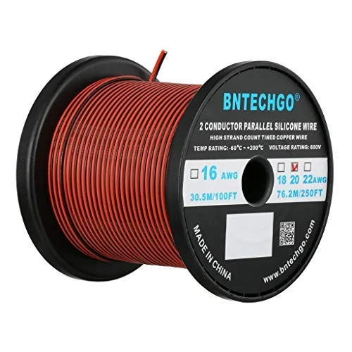 BNTECHGO 20 Gauge Flexible 2 Conductor Parallel Silicone Wire Spool Red Black High Resistant 200 deg C 600V for Single Color LED Strip Extension Cable Cord,model,250ft Stranded Tinned Copper Wire