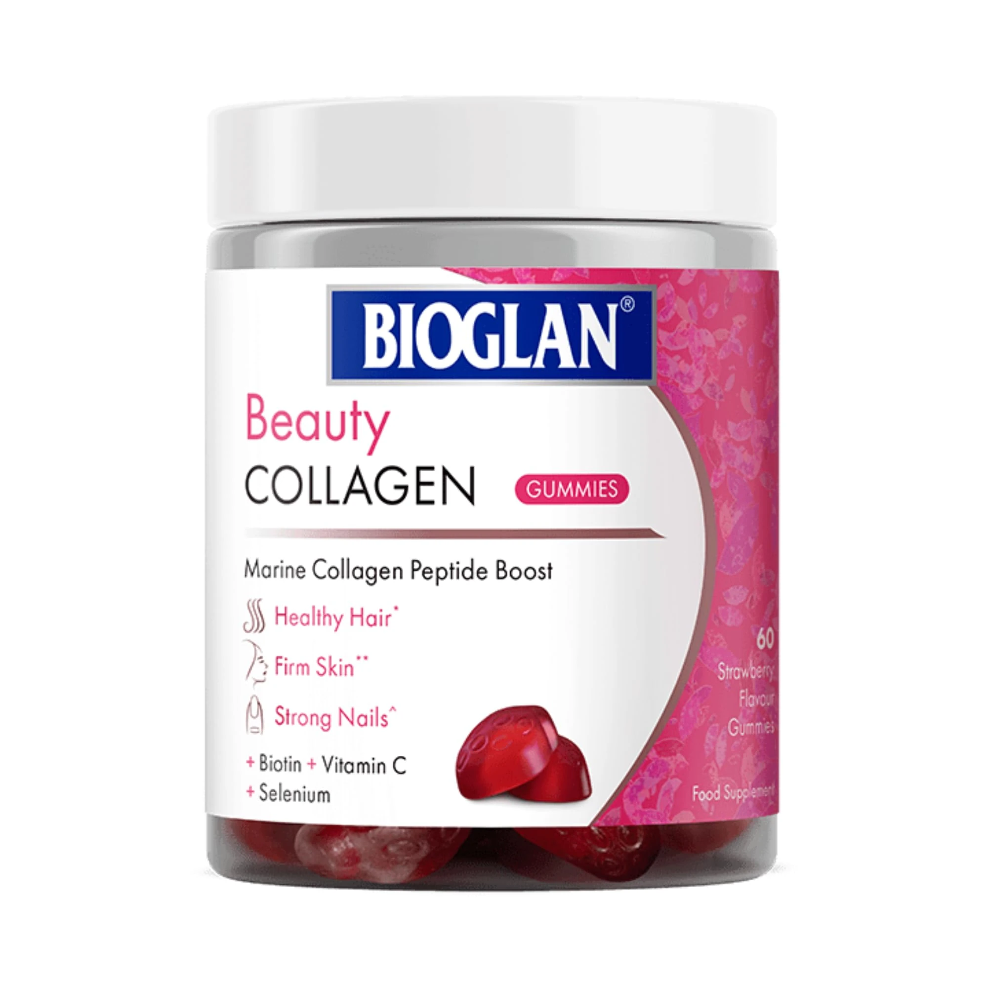 Bioglan Collagen Gummies | 1000mg | Hydrolysed Marine Collagen | Biotin | Selenium & Vitamin C | Strawberry Flavoured | 60 Gummies