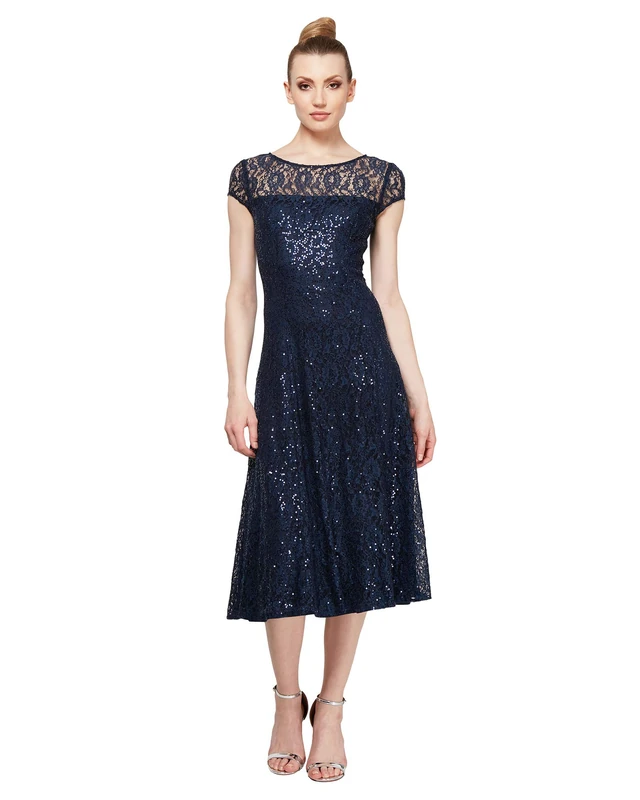 S.L. Fashions Women's Sequin Lace Fit and Flare Dress Special Occasion, Navy Short Sleeve, 18