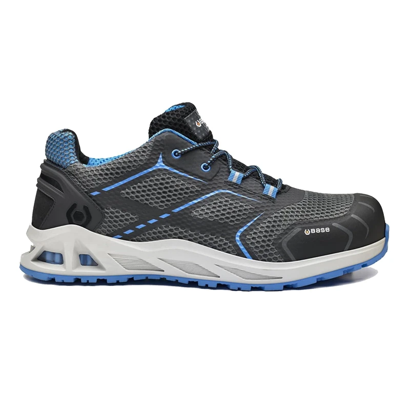 BASE K-MOVE B1004B S1P HRO SRC Aluminium Toe Seamless Upper i-daptive Dry’n Air Footbed Ballistic Midsole SmellStop Safety Trainer, Grey/Blue, UK 6.5