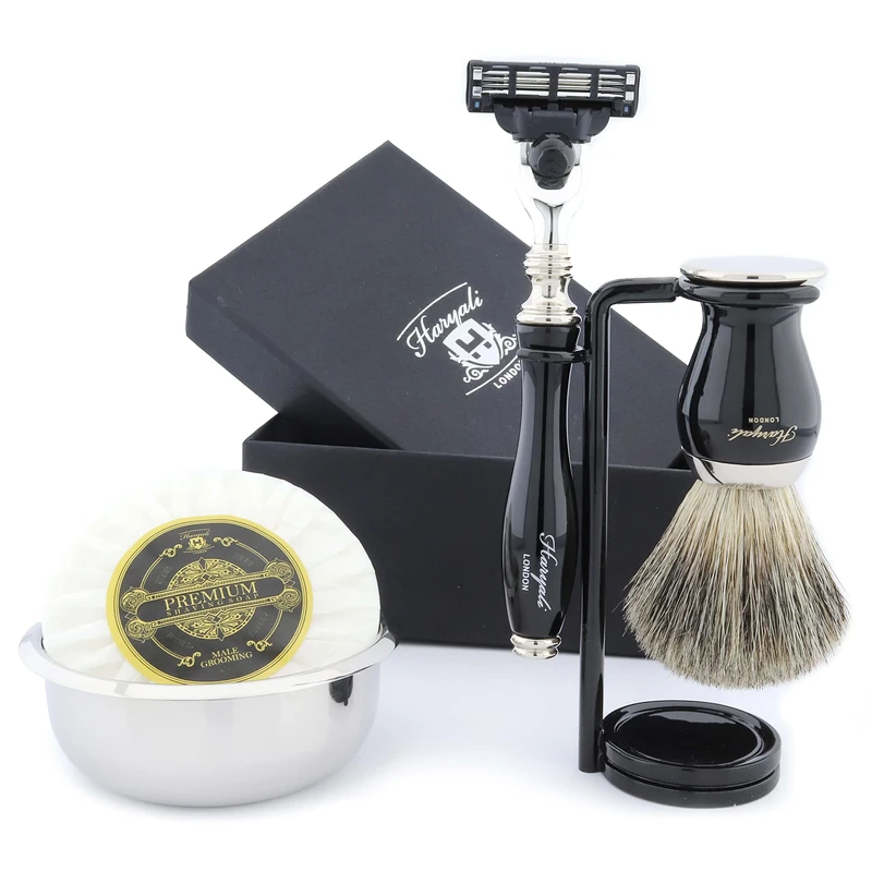 Haryali London Black Shaving Set - 5-Piece Shaving Set - 3 Razor Blades - Super Badger Hair Shaving Brush - Shaving Stand - Shaving Soap and Shaving Bowl
