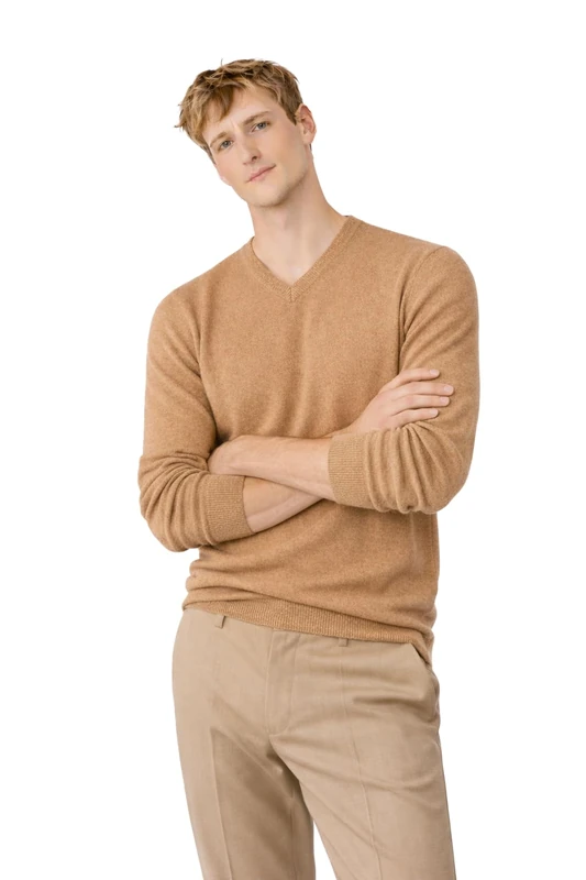 State Cashmere Men's 100% Pure Cashmere Jumper Long Sleeve Pullover V Neck Sweater-Large-Camel - Image 1