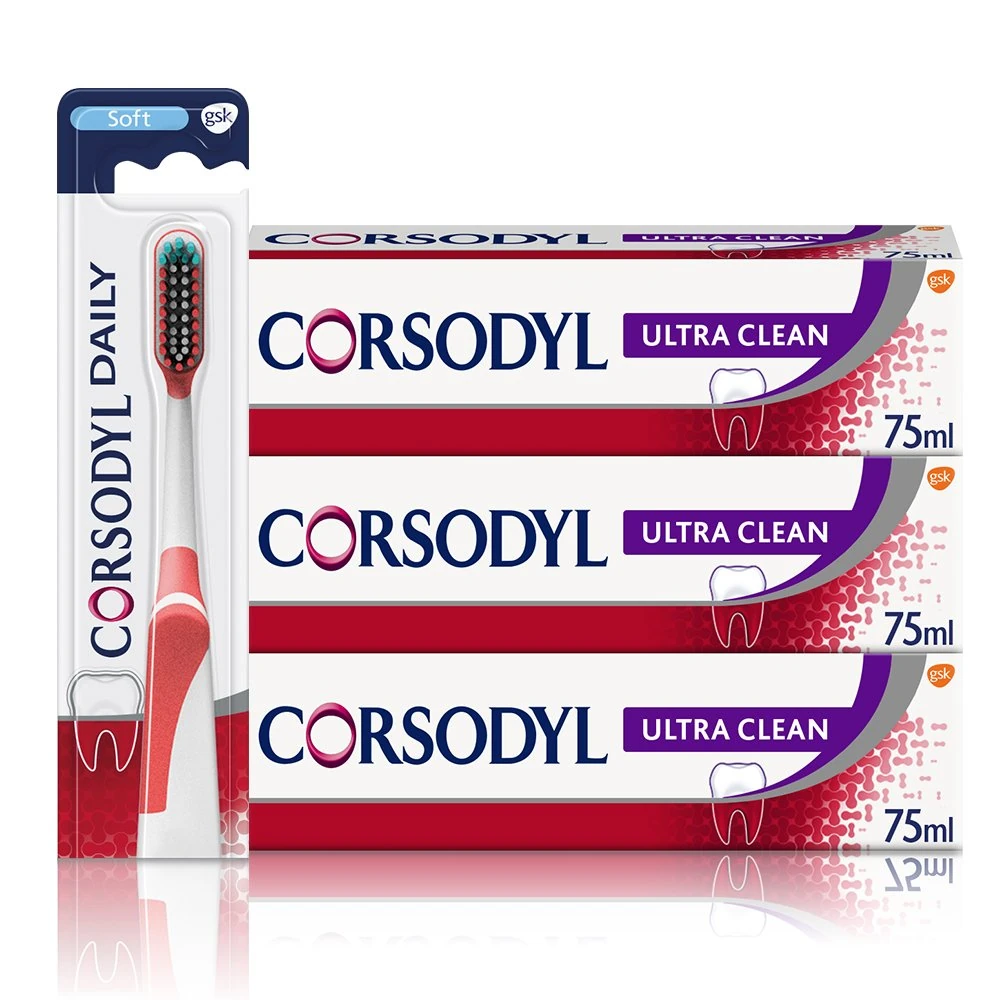Corsodyl Gum Care Ultra Clean Toothpaste and Toothbrush Bundle: 3X Corsodyl Ultra Clean Toothpaste 75ml & 1x Daily Toothbrush Soft