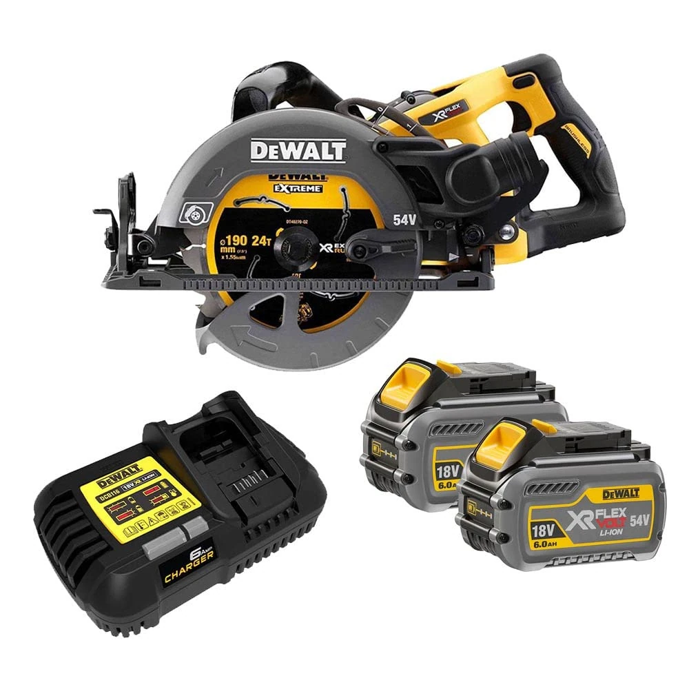 DEWALT DEWDCS577T2 DCS577T2 FlexVolt XR High Torque Circular Saw 190mm 54V 2 x 2.0Ah Li-ion, 18 V, Yellow/Black, 2 x 18/54V 6.0/2.0Ah Li-ion Batteries