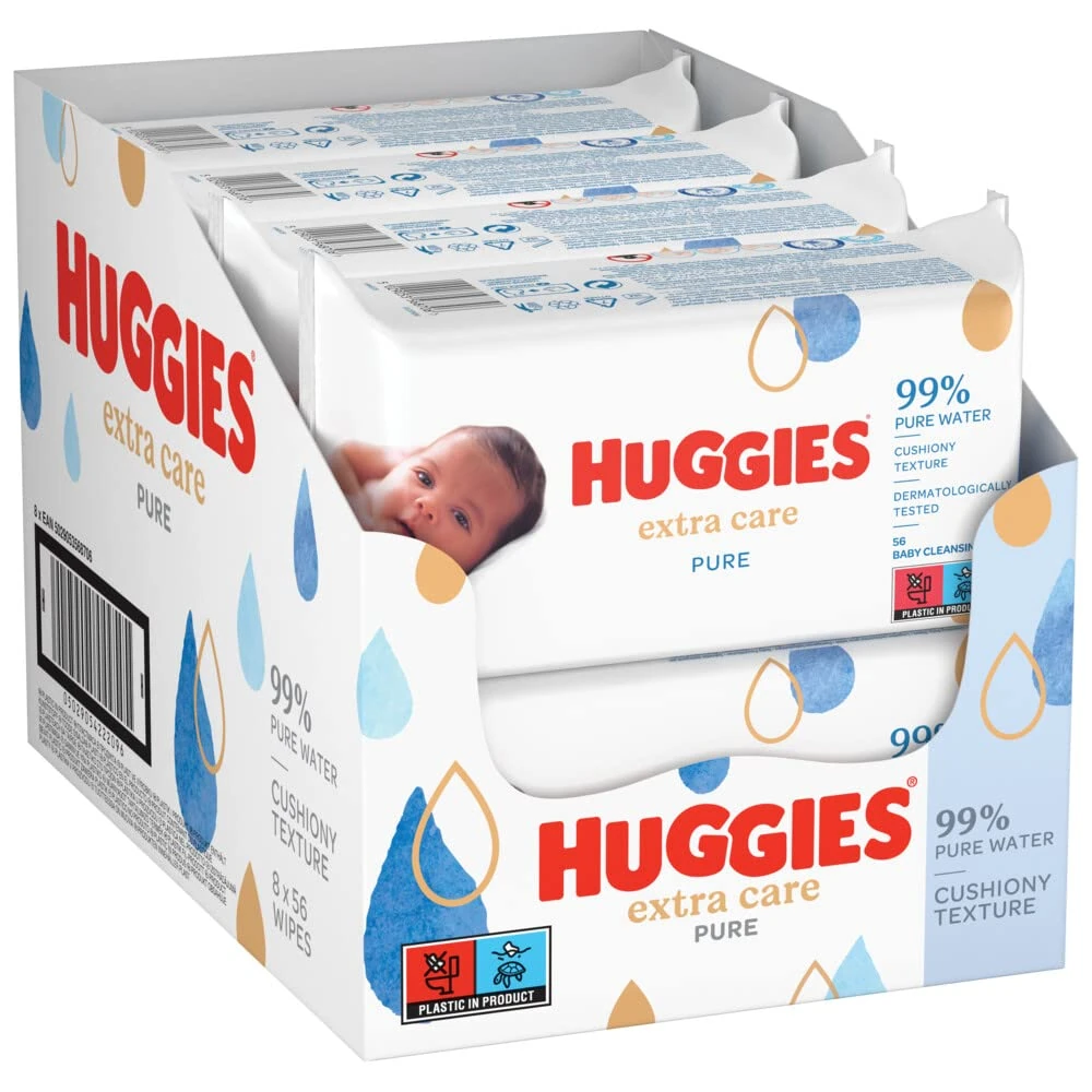 Huggies Pure Extra Care, Baby Wipes - 8 Packs (448 Wipes Total) - Fragrance Free Wet Wipes for Sensitive Skin - 99 Percent Pure Water with Natural Fibres