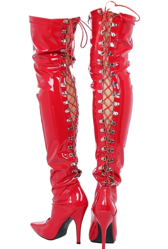 Womens Ladies Sexy Thigh HIGH Kinky Fetish Over The Knee Stiletto Heel Full Hook Lace up and Side Zip Boots Size UK 4-12 (UK 12/EU 46, Red Patent)