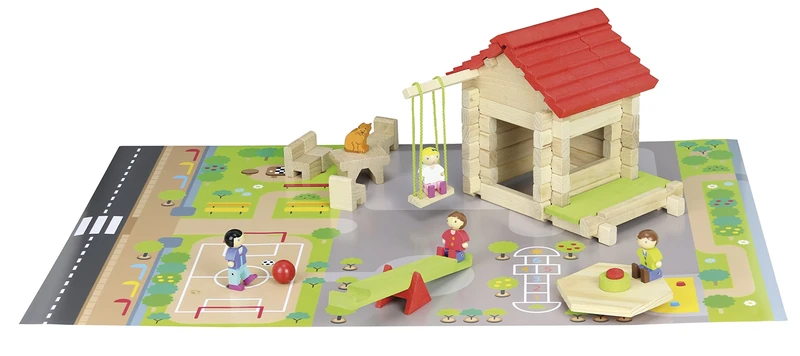 JeuJura – Small School – 77 Pieces Wooden Construction Game, 8233, multi-coloured