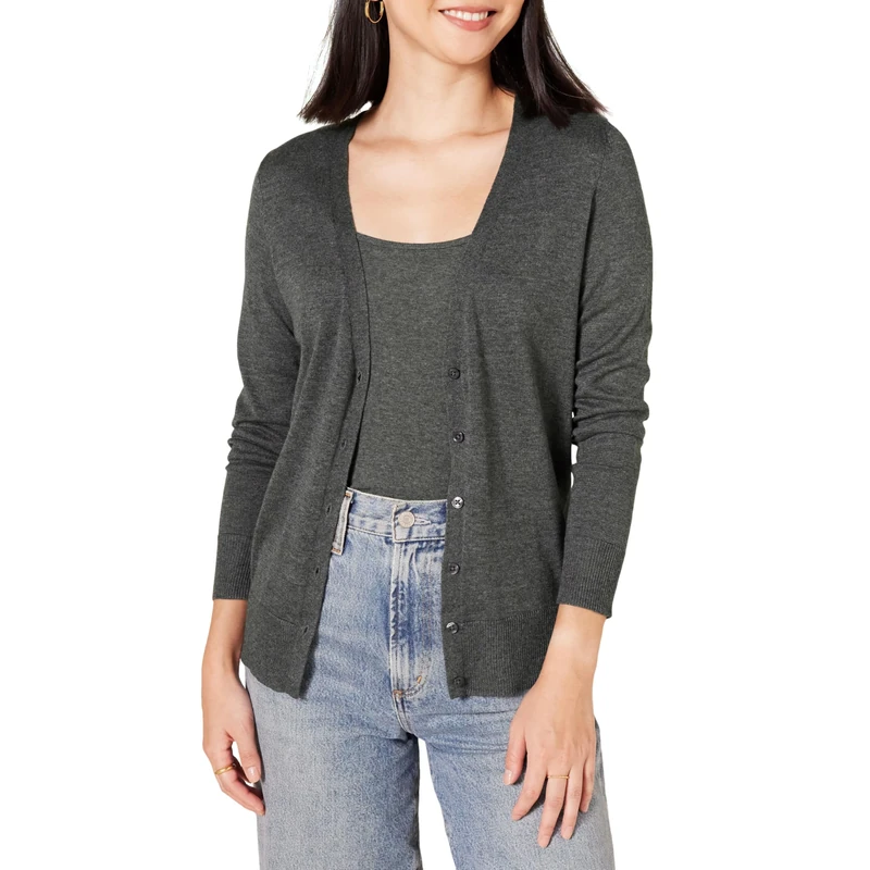 Amazon Essentials Women's Lightweight V-Neck Cardigan (Available in Plus Size), Charcoal Heather, L