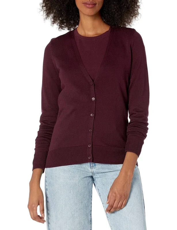 Amazon Essentials Women's Lightweight V-Neck Cardigan (Available in Plus Size), Burgundy, L