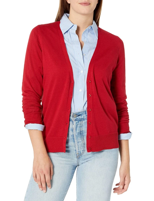 Amazon Essentials Women's Lightweight V-Neck Cardigan (Available in Plus Size), Red, L
