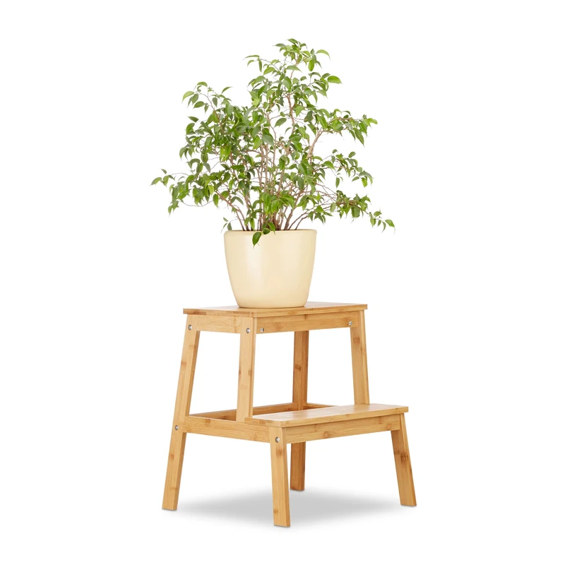 Relaxdays Bamboo Double-Step Stool, Natural Look, Stable Foothold, Low, Handle-Opening 47x42x42cm, Natural
