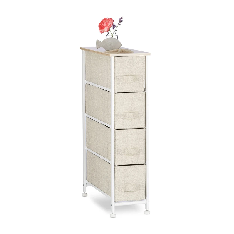 Relaxdays Shelving System, Chest of Drawers, Standing Shelf with 4 Boxes, HxWxD: 76 x 20 x 48 cm, Metal and Wood, Beige