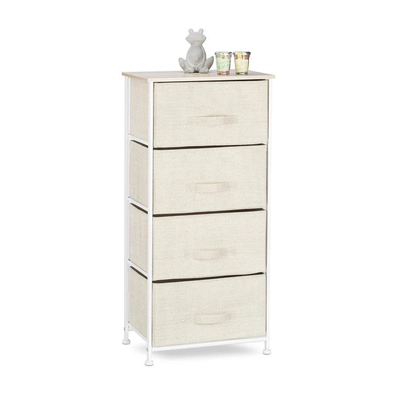 Relaxdays Shelving System, Chest of Drawers, Standing Shelf with 4 Boxes, HxWxD: 105 x 45 x 30 cm, Metal and Wood, Beige