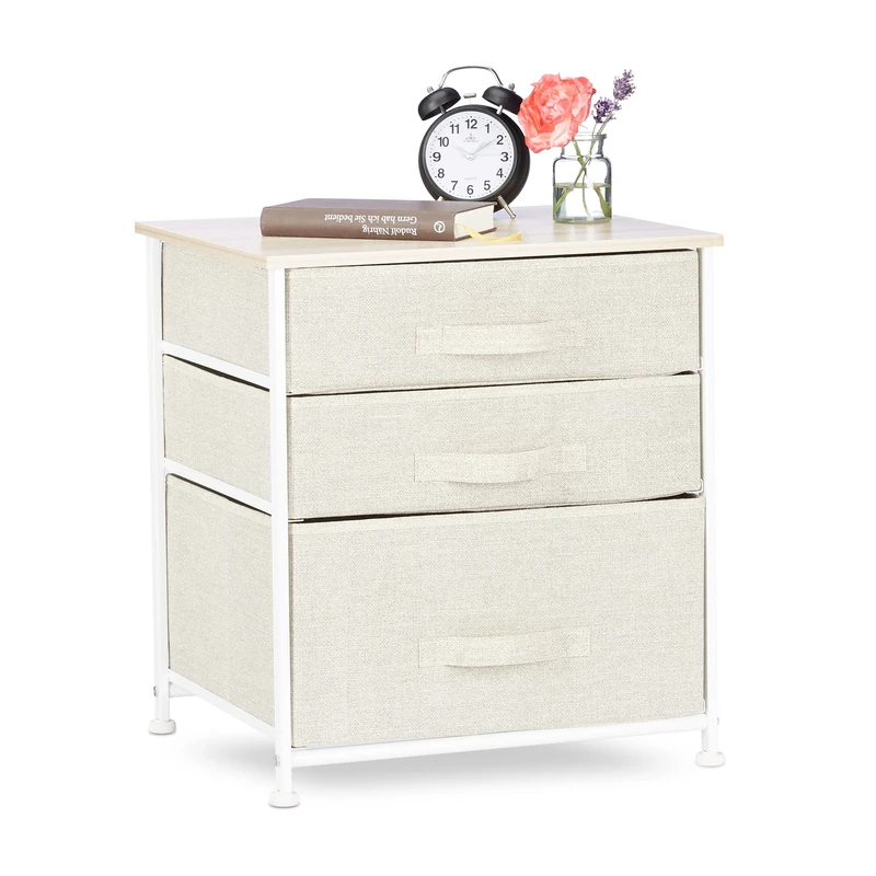 Relaxdays Shelving System, Chest of Drawers, Standing Shelf with 3 Boxes, HxWxD: 53 x 48 x 40 cm, Metal and Wood, Beige