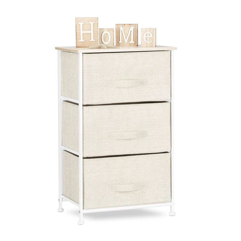 Relaxdays Shelving System, Chest of Drawers, Standing Shelf with 3 Boxes, HxWxD: 73 x 45 x 30 cm, Metal and Wood, Beige