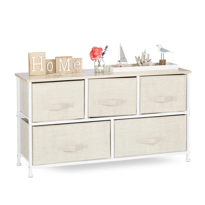 Relaxdays Shelving System, Chest of Drawers, Standing Shelf with 5 Boxes, HxWxD 54.5 x 100 x 30cm, Metal and Wood, Beige