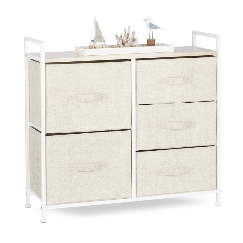 Relaxdays Shelving System, Chest of Drawers, Standing Shelf with 5 Boxes, HxWxD 77.5 x 83 x 29 cm, Metal and Wood, Beige