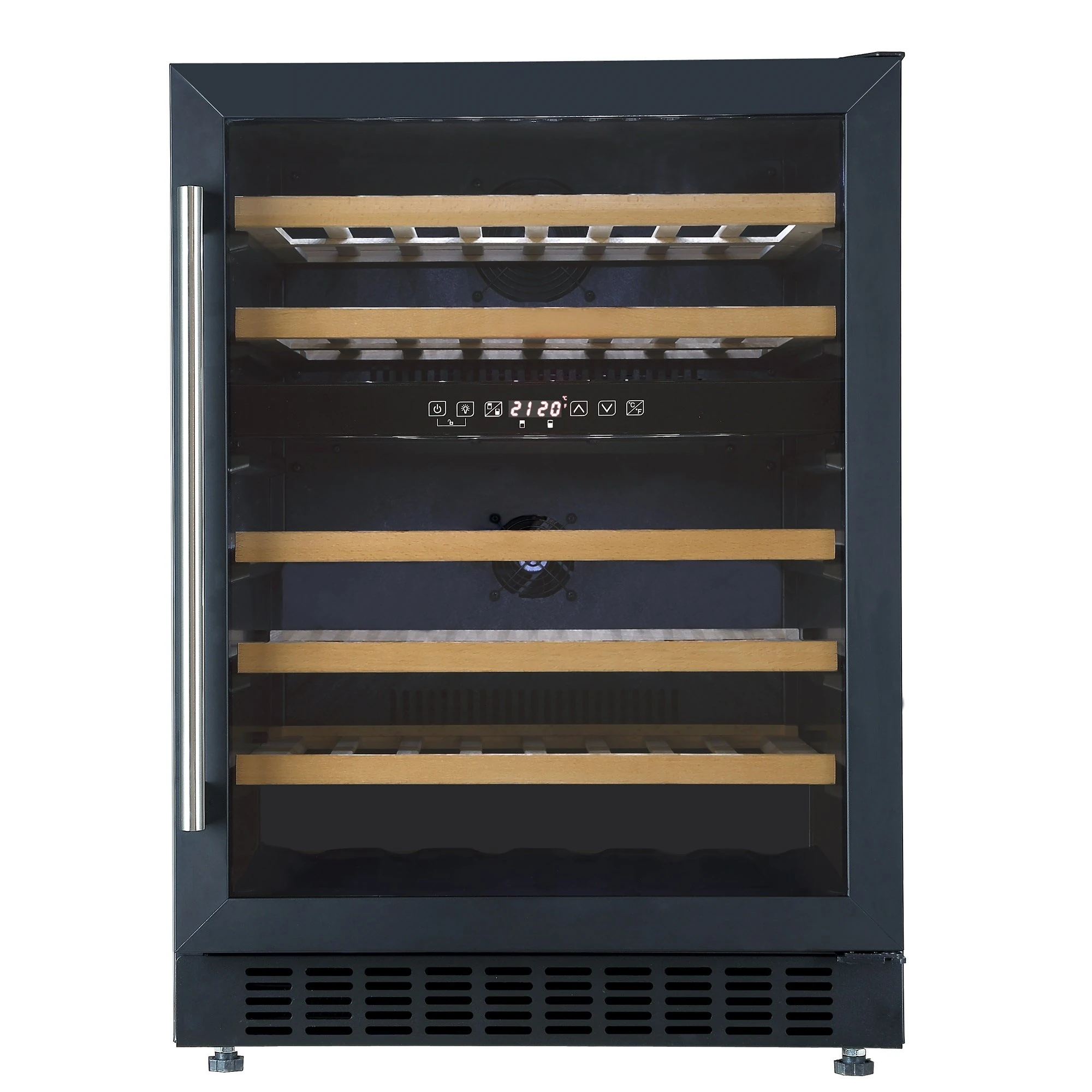 Cookology CWC605BK 60cm Freestanding Wine Cooler Fridge, Built Under Counter with Digital Dual Temperature Zones, LED Light, Anti UV Glass, 46 Bottle, 129 Litre Capacity - in Black