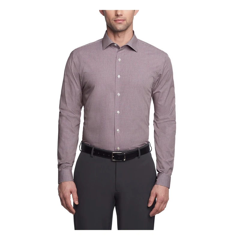 Kenneth Cole Men's Dress Shirt Slim Fit Checks and Stripes (Patterned), Burgundy, 17"-17.5" Neck 32"-33" Sleeve - Image 1