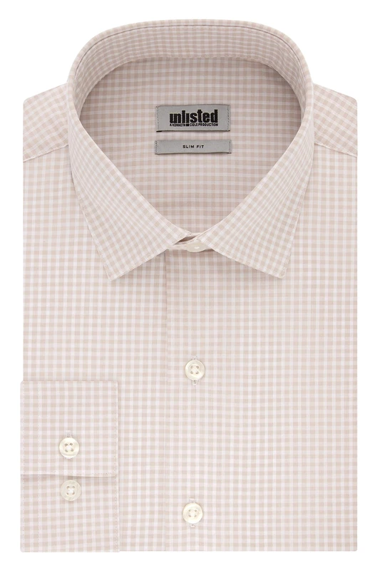 Kenneth Cole Unlisted by Men's Slim Fit Check Spread Collar Dress Shirt, Almond, 17"-17.5" Neck 36"-37" Sleeve