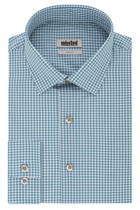 Kenneth Cole Men's Dress Shirt Slim Fit Checks and Stripes (Patterned), Lagoon, 17"-17.5" Neck 34"-35" Sleeve