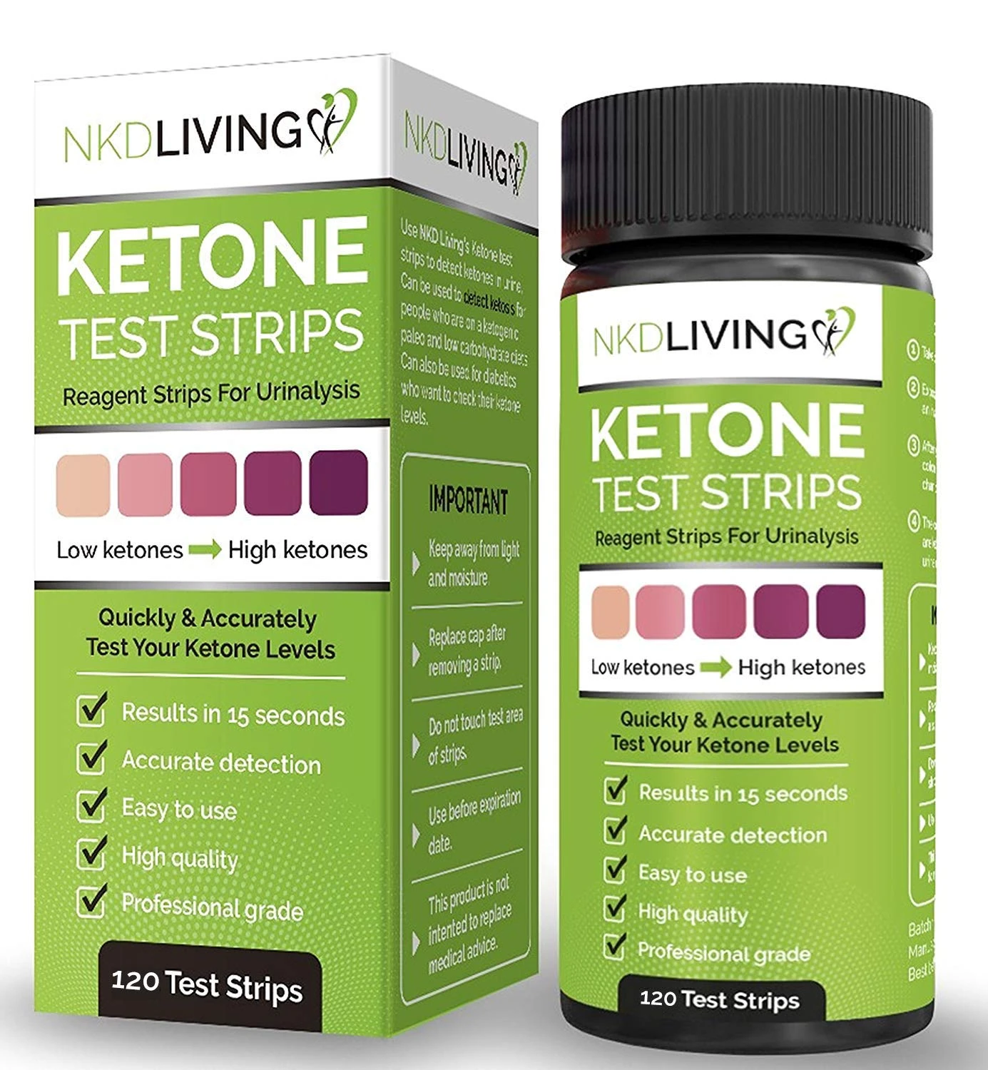NKD Living Ketone Test Strips (120 Strips in 2 x 60 Keep Fresh Packs) Accurately Detect and Measure Your State of ketosis in Seconds.