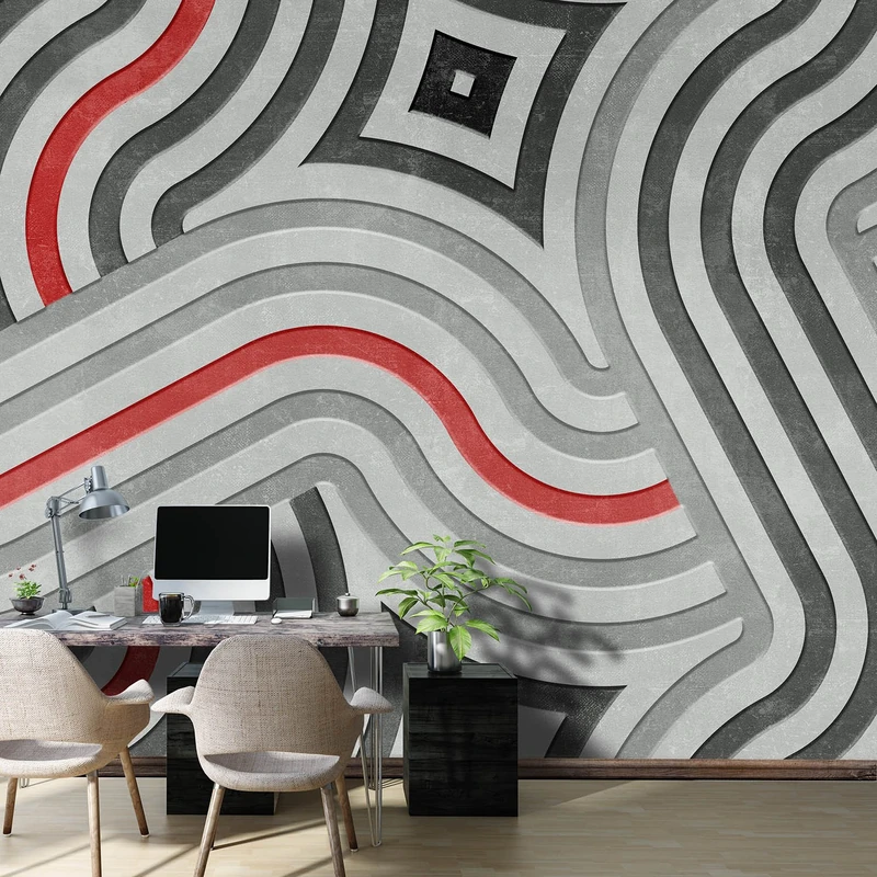 WALL81 Soft Shapes Wallpaper, Cellulose, and Fibre Textile Ecological, Grey, Red, Black, Size s-cm 285 x 300 H