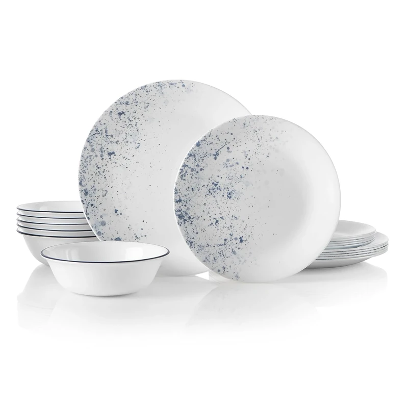 Corelle 18-Piece Dinner Set, Indigo Speckle, Blue and White for 6, Chip Resistant Dinnerware, Includes 26cm Dinner Plates, 17cm Salad/Side Plates and 530ml Soup/Cereal Bowls