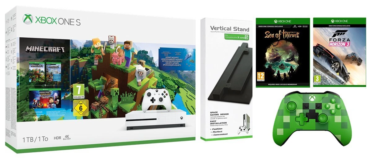 Xbox One S 1TB Console Minecraft Bundle Plus Vertical Stand/Forza Horizon 3/Sea of Thieves/Xbox Wireless Controller/Minecraft Creeper
