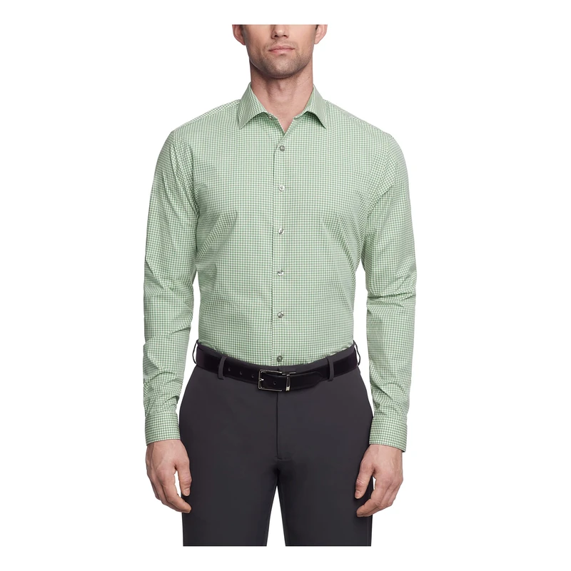 Kenneth Cole Men's Dress Shirt Slim Fit Checks and Stripes (Patterned), Ash Green, 18"-18.5" Neck 34"-35" Sleeve