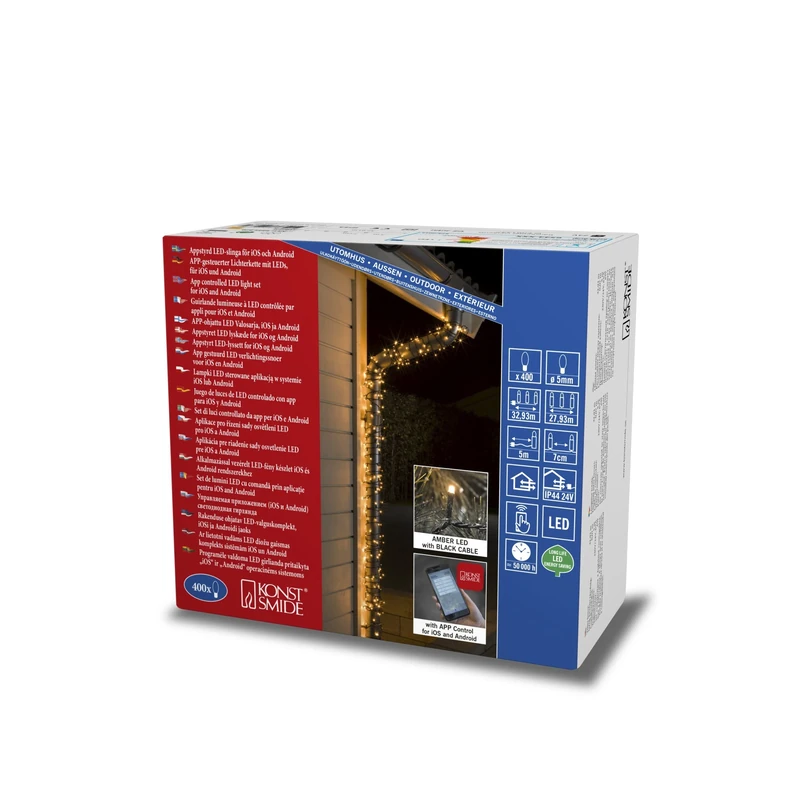 Konstsmide Christmas Lights LED Light Set/Fairy Lights 400 Diodes/Controlled via the Konstsmide Smart App/400 Amber White Diodes/24V Indoor Transformer/Black Wire/String Lights