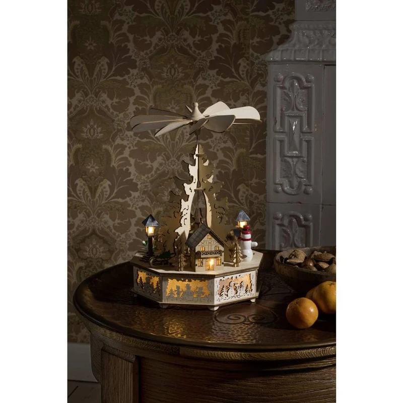 Konstsmide, 3220-100 LED Wooden Pyramid Natural Colour with USB Connection 8 Warm White LEDs 5V Internal Transformer Transparent Cable