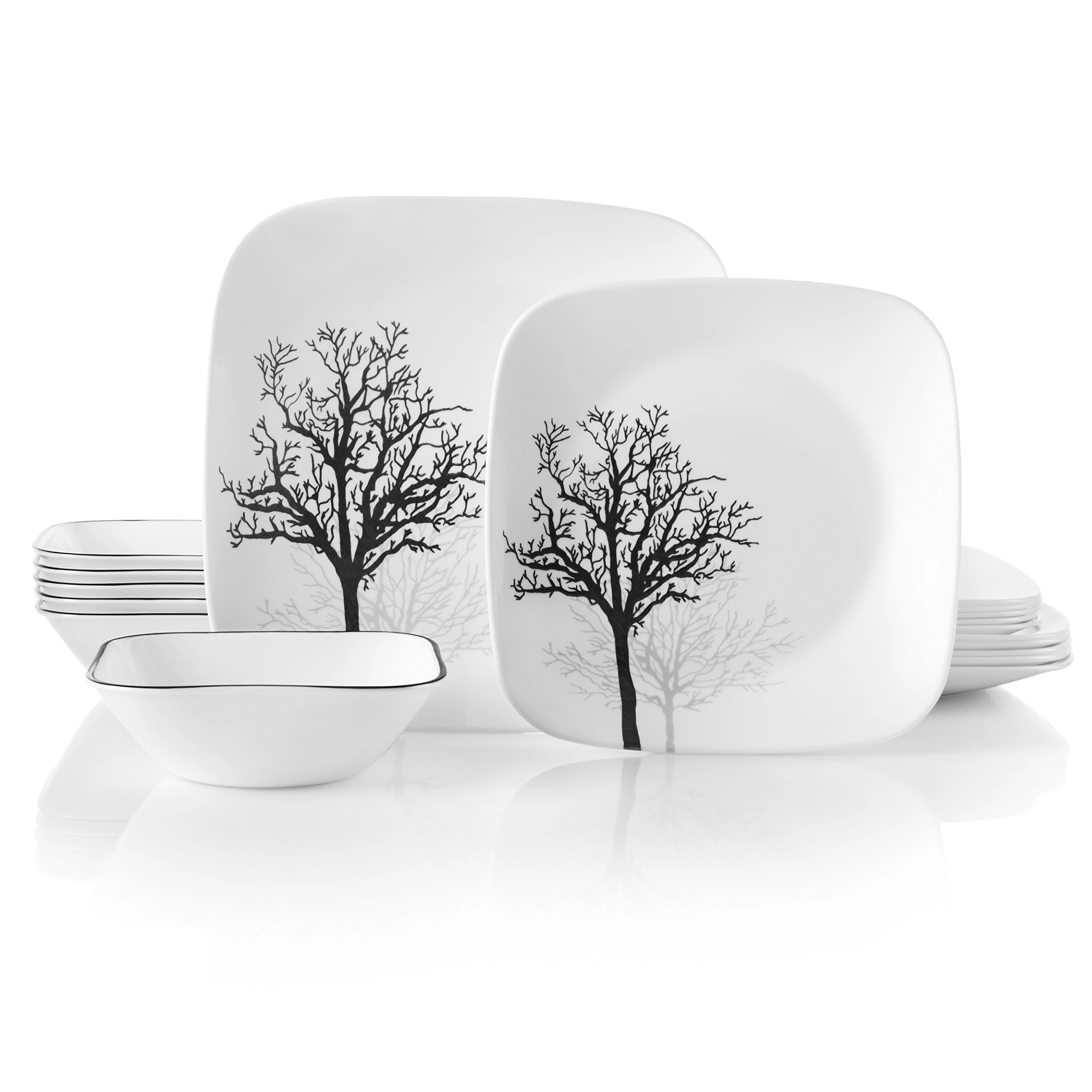 Corelle 18-Piece Dinner Set, Timber Shadows, Black and White for 6, Chip Resistant - Includes Dinner, Salad / Side Plates and Soup / Cereal Bowls