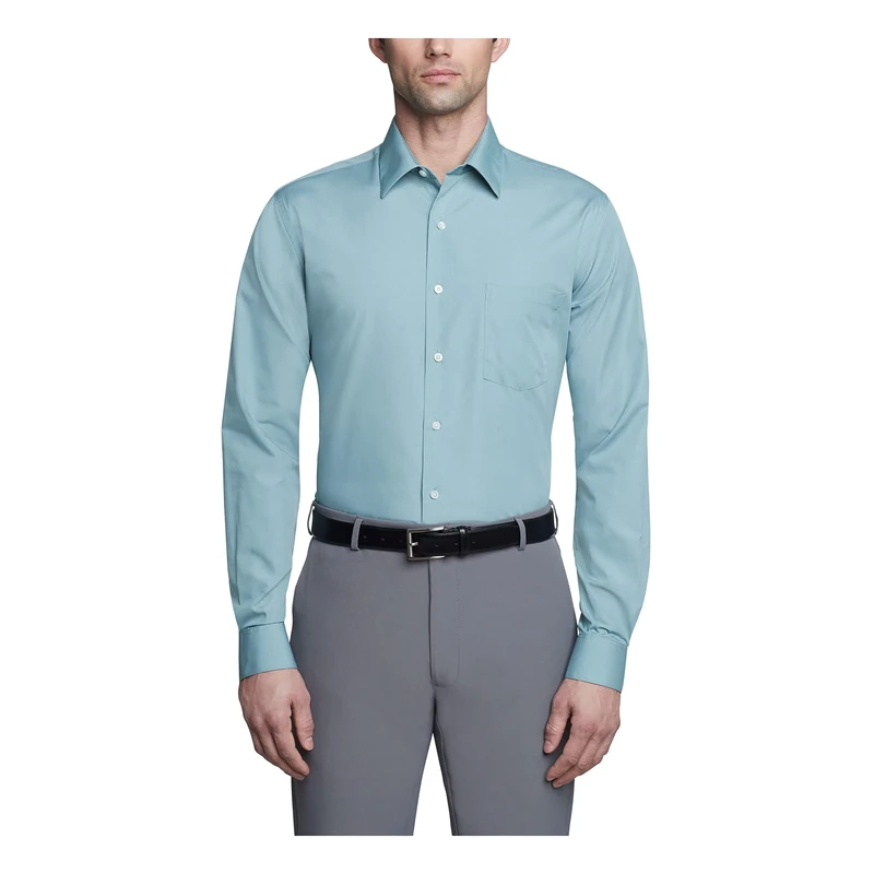 Van Heusen Men's Poplin Fitted Solid Point Collar Dress Shirt, Ocean Mist, 14.5" Neck 34"-35" Sleeve
