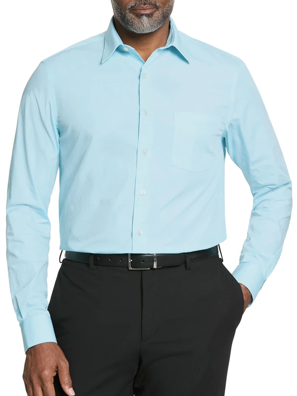 Van Heusen Men's Poplin Regular Fit Solid Point Collar Dress Shirt, Mist, 17.5" Neck 36"-37" Sleeve