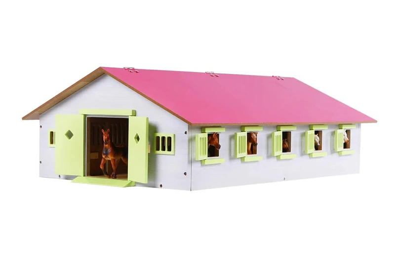 Van Manen Kids 610188 Globe Farming Farm, with 9 Horse Boxes, Wooden Horse Farm, with Folding Roof, Pink