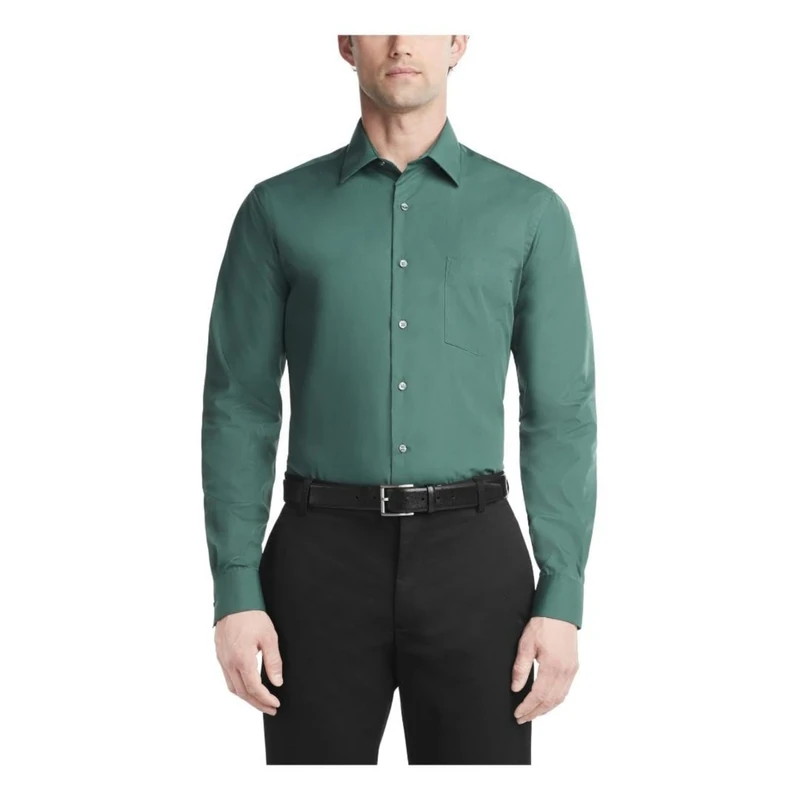 Van Heusen Men's Dress Shirt Fitted Poplin Solid, Dark Leaf, 17.5" Neck 34"-35" Sleeve