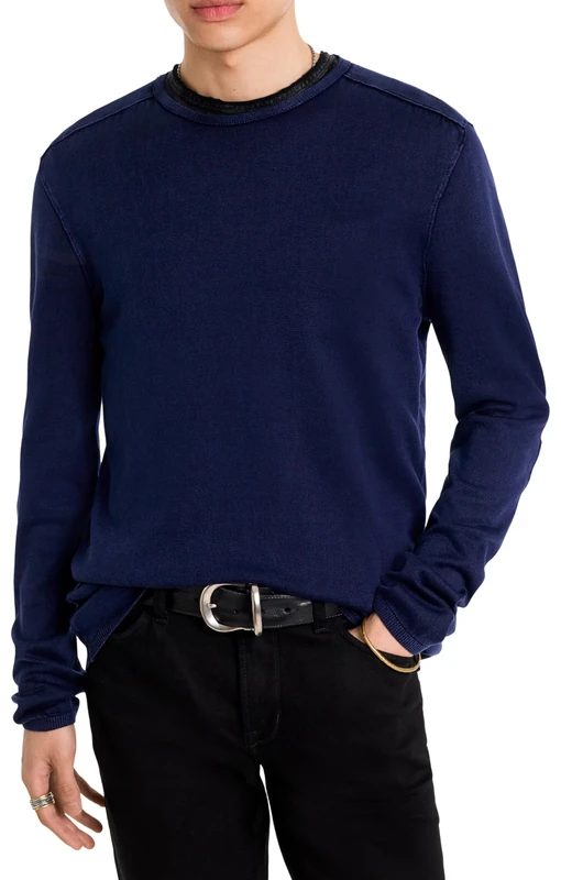 John Varvatos Men's Long Sleeve Crew Neck in Acid WASH Shirt, Deep Blue, S