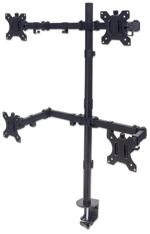Manhattan TV & Monitor Mount, Desk, Double-Link Arms, 4 screens, Screen Sizes: 10-27", Black, Stand or Clamp Assembly, Quad Screens, VESA 75x75 to 100x100mm, Max 8kg (each), Lifetime Warranty