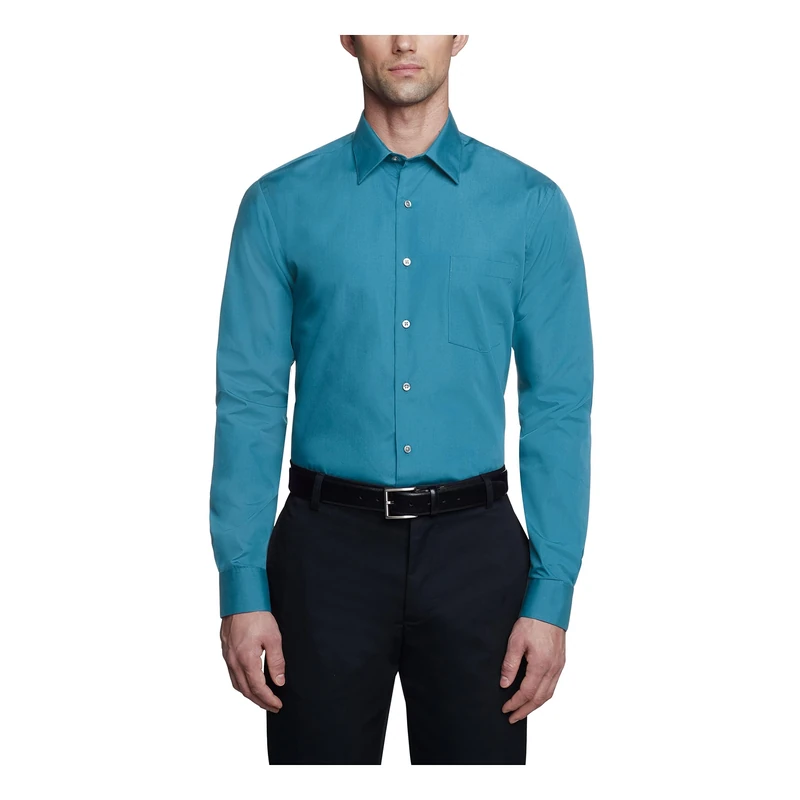 Van Heusen Men's Dress Shirt Fitted Poplin Solid, Deep Sea, 17" Neck 36"-37" Sleeve