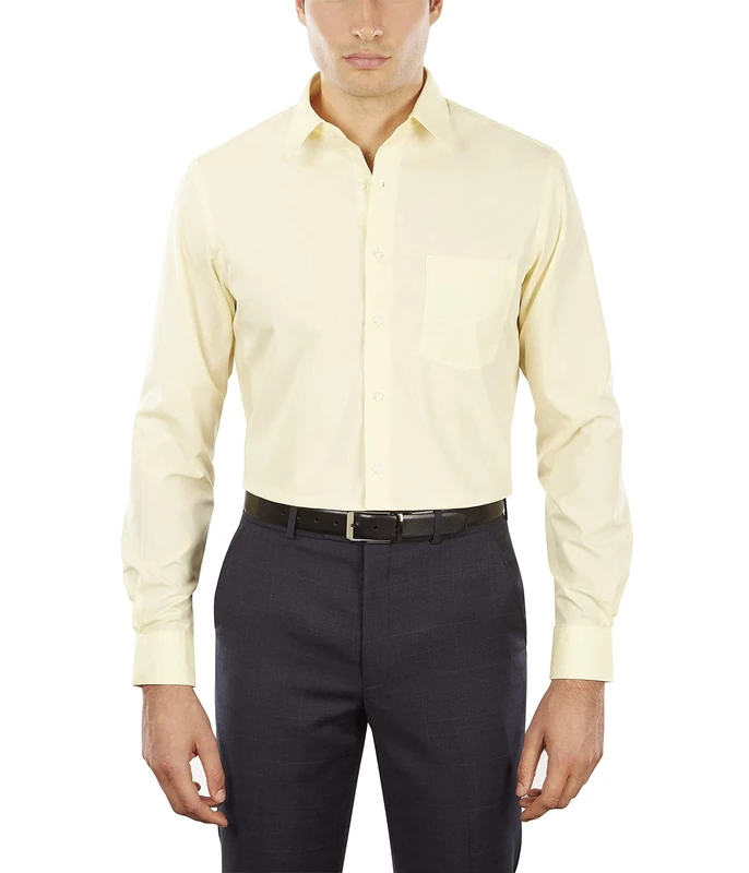 Van Heusen Men's Poplin Fitted Solid Point Collar Dress Shirt, Lemon Glaze, 17.5" Neck 36"-37" Sleeve