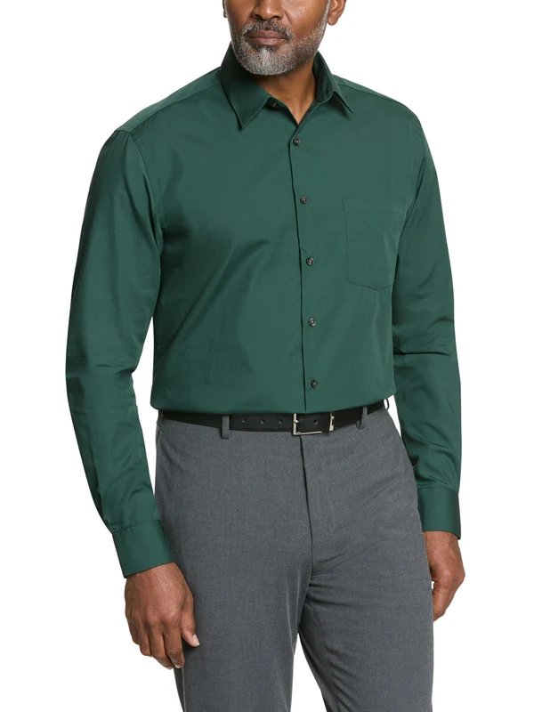 Van Heusen Men's Poplin Regular Fit Solid Point Collar Dress Shirt, Dark Leaf, 16" Neck 36"-37" Sleeve