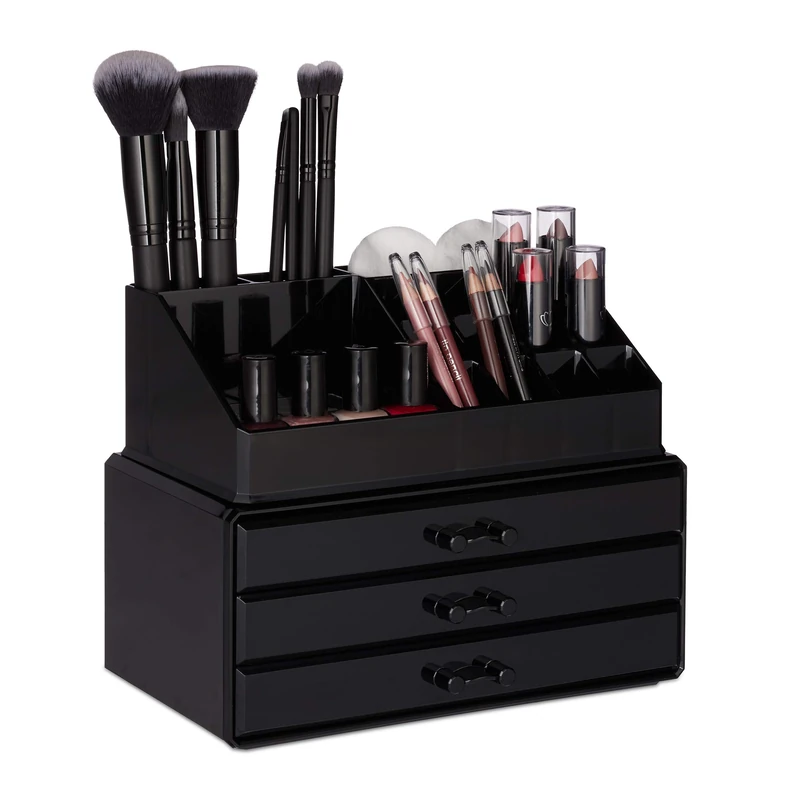 Relaxdays Small Makeup Organizer, 2-Piece Cosmetics Storage with Drawers, Stackable Makeup Shelf, Black