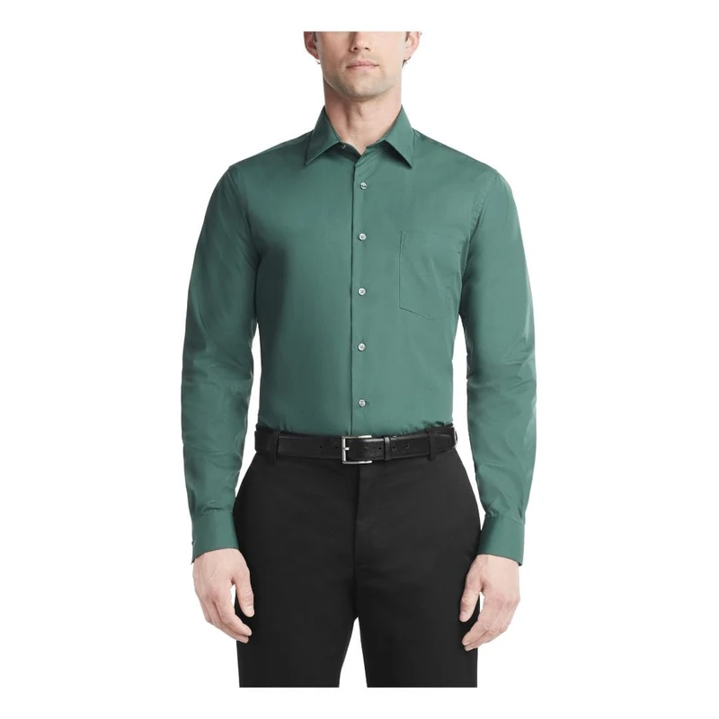 Van Heusen Men's Poplin Fitted Solid Point Collar Dress Shirt, Dark Leaf, 16.5" Neck 34"-35" Sleeve