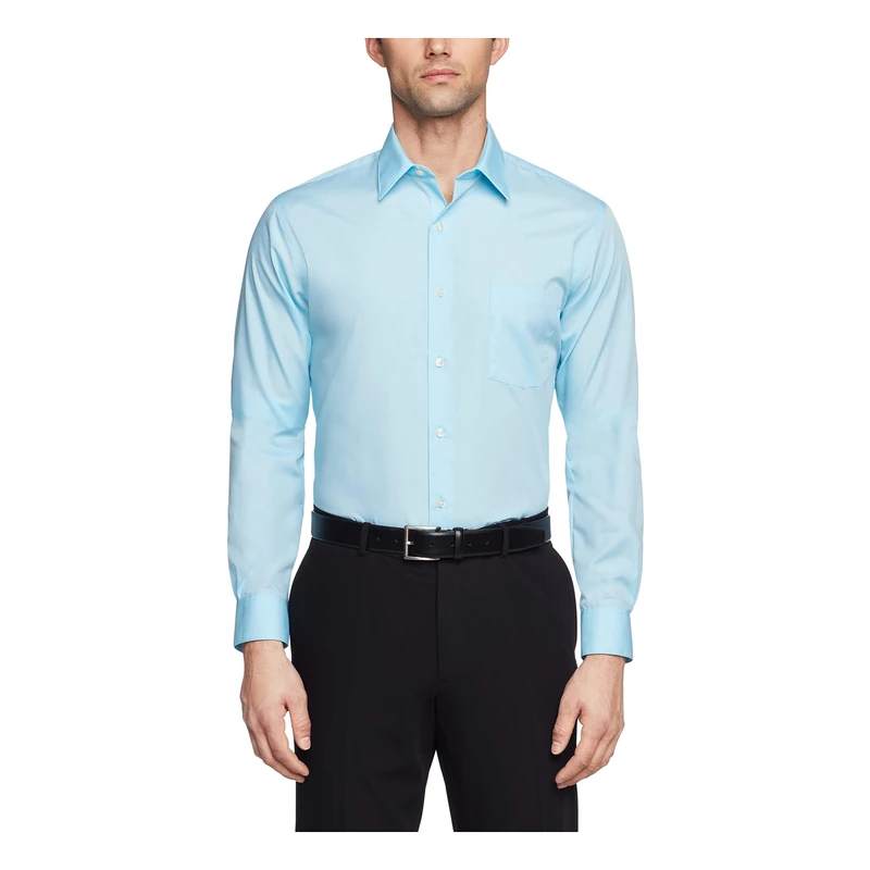 Van Heusen Men's Poplin Fitted Solid Point Collar Dress Shirt, Mist, 16.5" Neck 32"-33" Sleeve