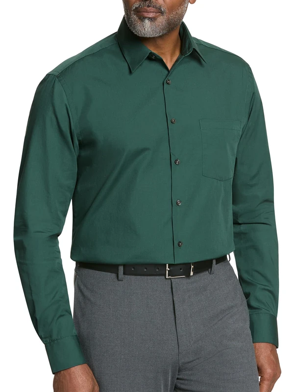 Van Heusen Men's Dress Shirt Regular Fit Poplin Solid, Dark Leaf, 17" Neck 36"-37" Sleeve