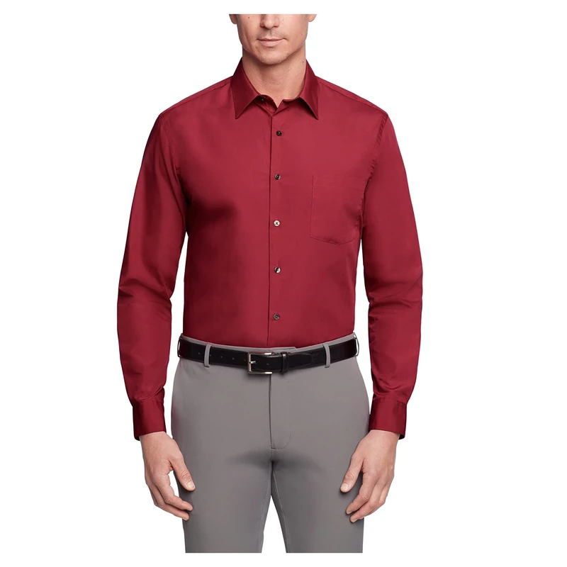 Van Heusen Men's Poplin Regular Fit Solid Point Collar Dress Shirt, Magenta, 16.5" Neck 32"-33" Sleeve