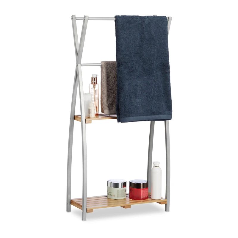 Relaxdays Freestanding Towel Holder, X-Design, 2-Tier Bathroom Towel Rack, HWD: 93 x 46 x 20 cm, Bamboo + Steel, Natural