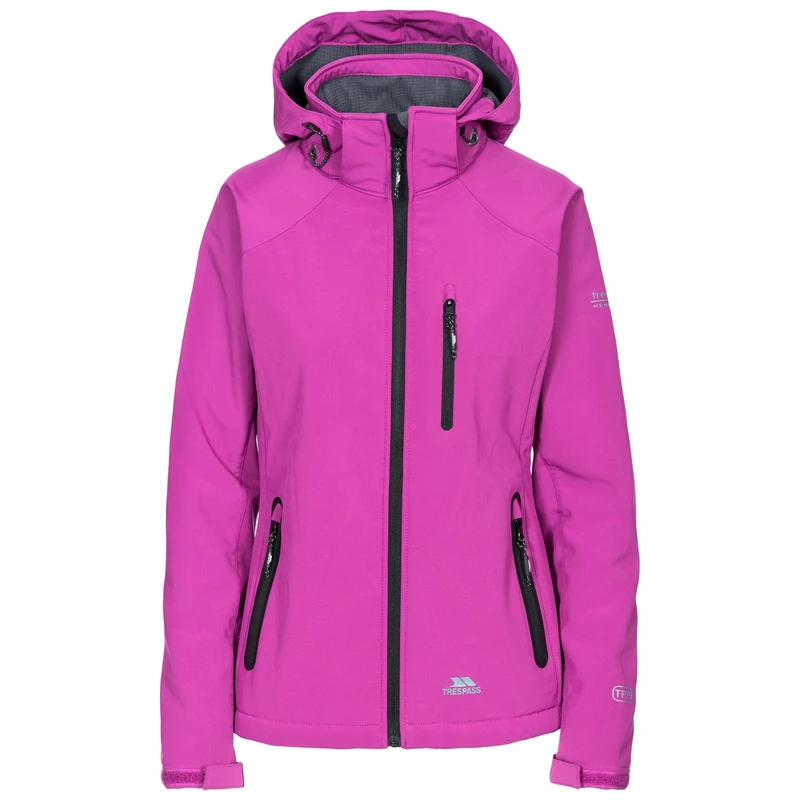Trespass Womens Softshell Jacket Bela II - Waterproof: 8000mm, Breathable: 3000mvp, Windproof, 3 Low Profile Zip Pockets, Chin Guard, Contrast Zips, Adjustable Zip-Off Hood